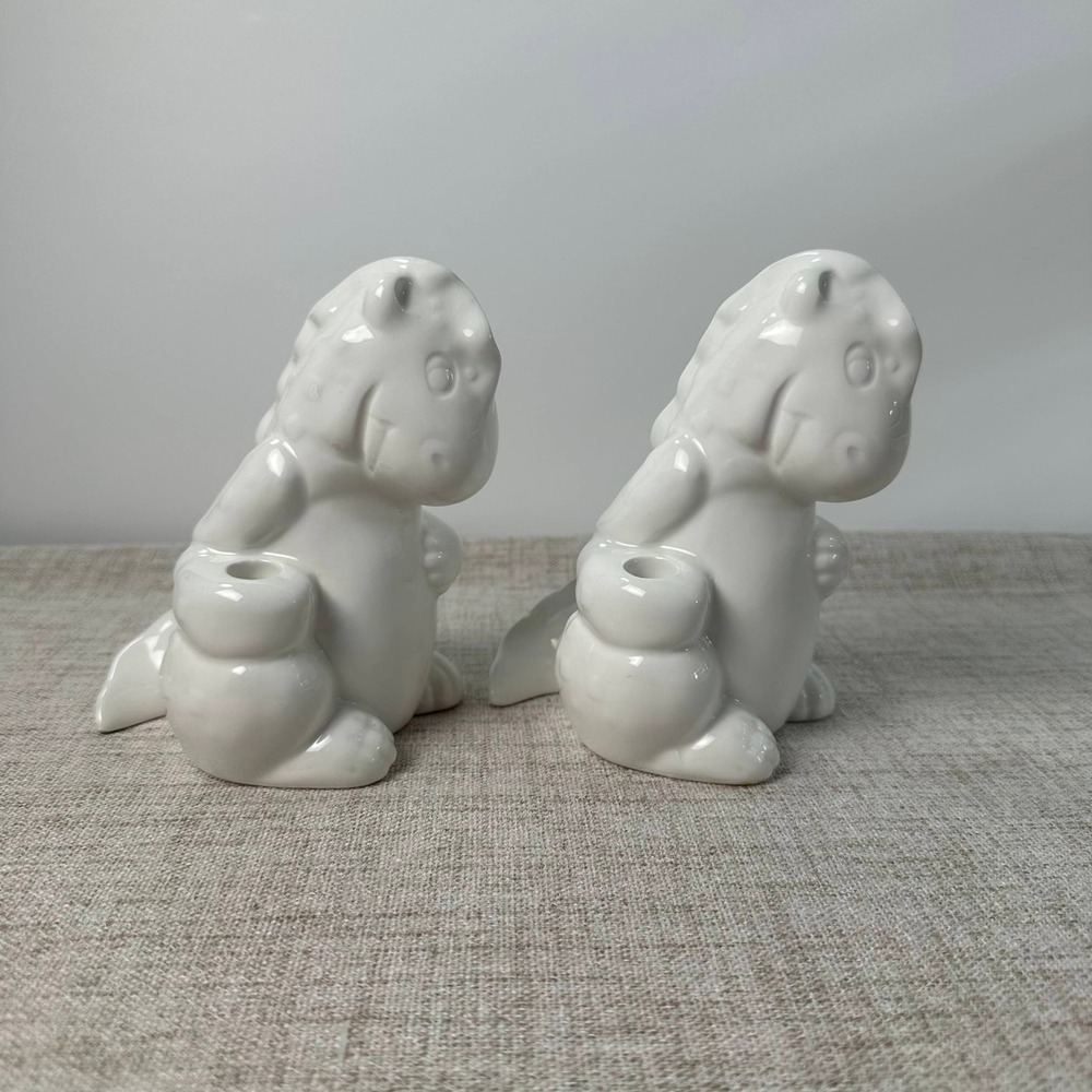 Vintage 1985 Castle Enterprises White Ceramic Dragon Candle Holders Pair